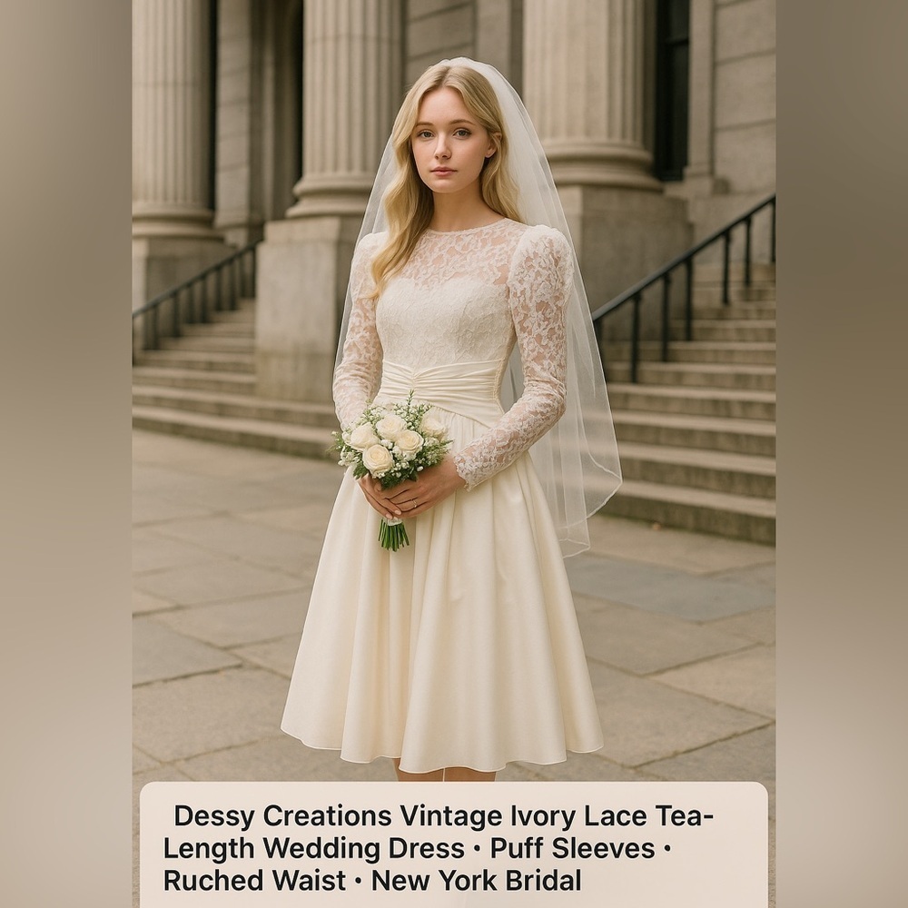 Dessy Creations Vintage Ivory Lace Tea-Length Wedding Dress Ruched Waist - Picture 2 of 16